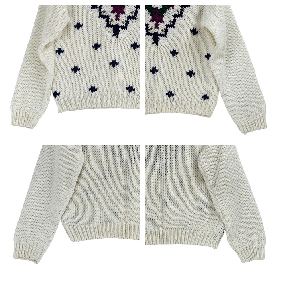 Vintage V-Neck Sweater Creamy White with Floral Detail Knitted by Hand,Currants - Picture 14 of 16